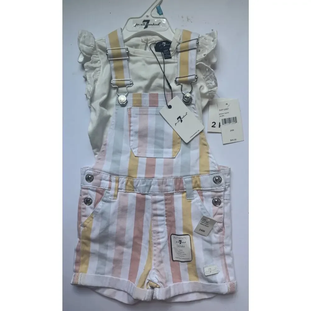 7 For All Mankind Girls 24M Striped Overall Shorts Set NWT Pastel